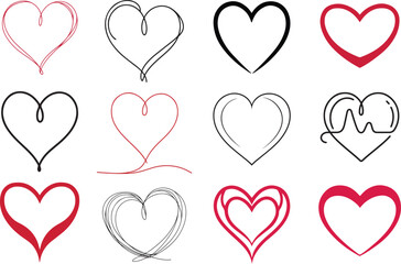 Heart Shapes Line Art, Love Shapes Icon Outline Vector Art. Simple Red Heart Shape Line Art on White Background.