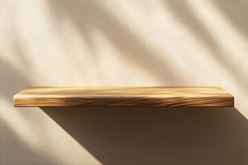 Minimalist beige wall background with a wood shelf for product presentation