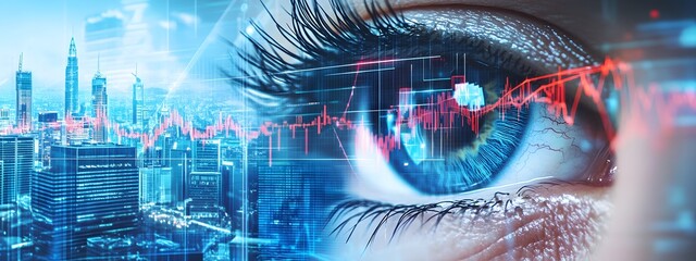 A stock market chart is seen behind an eye, with digital lines and charts moving in the background, representing data technology and financial trading