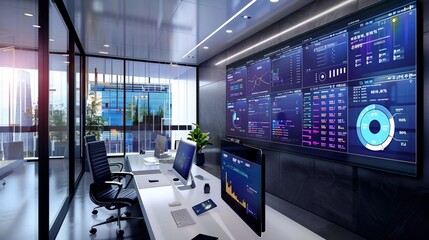 Modern office with digital dashboard showing business kpis, professionals analyzing data trends