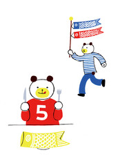 こいのぼりを持つクマと食べるクマ