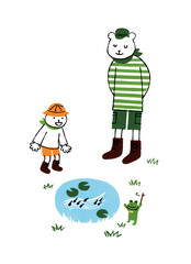 おたまじゃくしとカエルを眺めるクマの親子