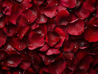 Dark crimson rose petals with intricate texture and soft edges in a romantic atmosphere