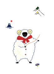 お正月にコマまわしをするひつじ