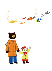 水族館で魚を見るクマの親子