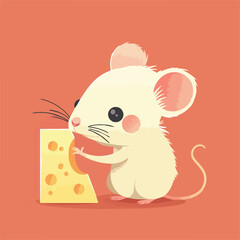 Cute white mouse with cheese rodent animal mammal illustration illustration cartoon orange background