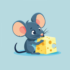 Cute Blue Mouse Eating Cheese Illustration Cartoon Animal Rodent Mammal Pest Food Dairy Product Snack Delicious Hungry Character Graphic Isolated Background Design Element Icon Vector