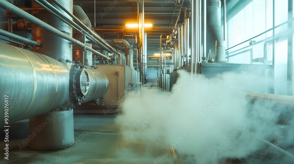 Poster a yellow pipe with a red button on it and steam coming out of it