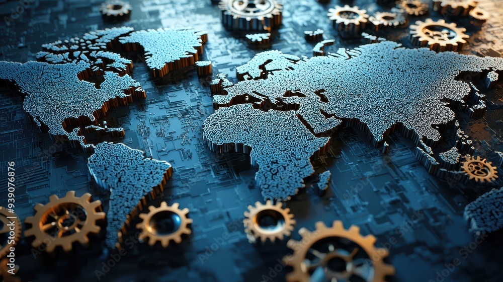 Aufkleber a stylized world map integrated with digital circuitry and mechanical gears, symbolizing global tech