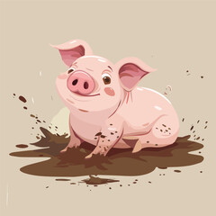 Happy Pig Mud Puddle Farm Animal Livestock Illustration