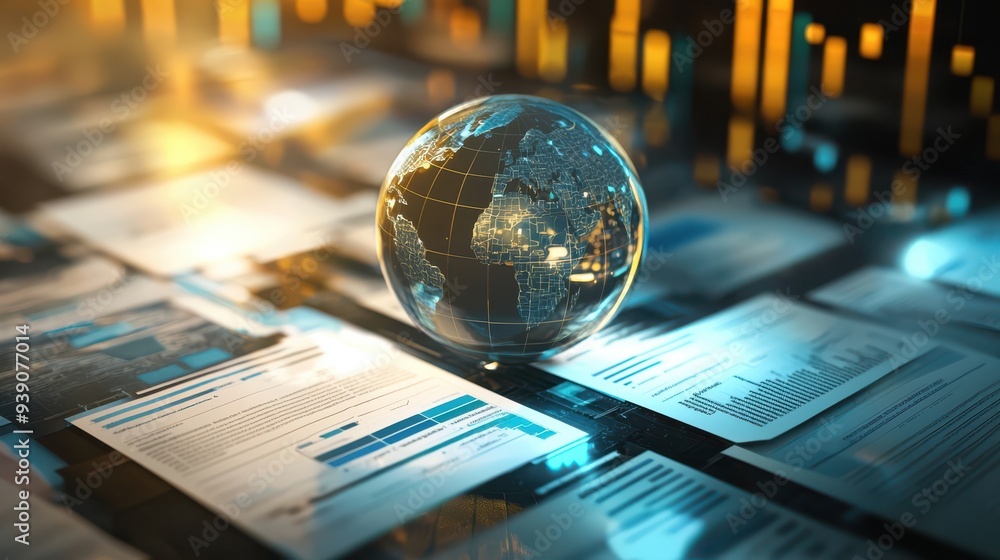 Poster A glass globe placed on documents with graphs and charts, representing global business, data analysis, and international trade.
