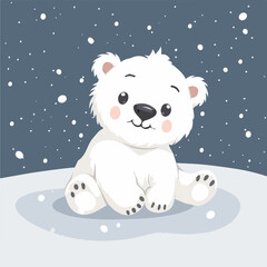 Cute baby polar bear sitting snow winter christmas illustration arctic animal wildlife nature snowdrift cold white background happy cartoon character design greeting card invitation poster banner