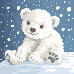 Cute baby polar bear sitting in snow winter animals wildlife nature snowdrift arctic snowfall furry mammal cold white bear cub young animal adorable cuddly playful arctic animals blue background
