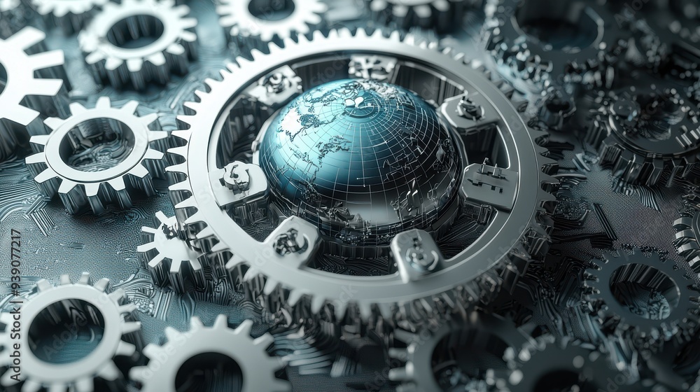 Aufkleber metallic gears surrounding a digital globe, symbolizing global technology, mechanical engineering, a