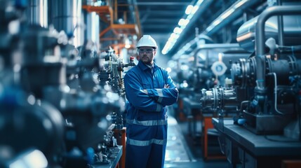 Industrial worker in blue safety gear amid modern machinery  dynamic lighting enhances realism