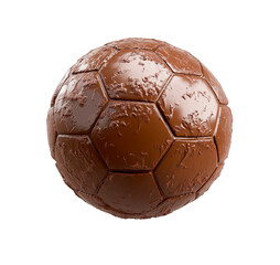 A delicious-looking chocolate soccer ball with intricate details sits on a transparent background.

