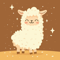 Cute Happy Fluffy Baby Llama Alpaca Character Smiling Farm Animal Kawaii Cartoon Illustration Brown Background Nursery Decor Clipart Design Greeting Card Invitation Digital Print Poster Social Media