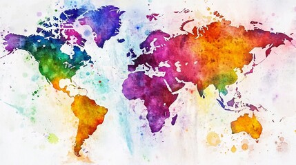 A vibrant, watercolor world map with splashes of color, showcasing a rainbow gradient of continents against a textured white background. This abstract, artistic depiction highlights global diversity