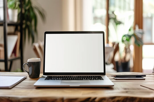 Laptop with blank screen on desk at home. Computer on desk in office. Technology, business concept