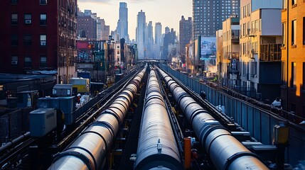 A long row of pipes are shown in a dark room. The pipes are blue and the room is dimly lit