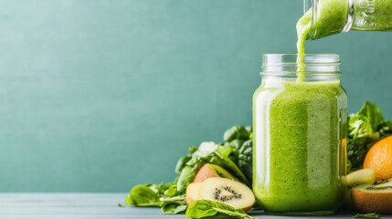 Nutritious Green Smoothie Pouring into Mason Jar Surrounded by Fresh Fruits and Leafy Greens for Healthy Meal Prep, Generative Ai