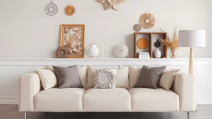"Cozy Elegance: Sofa with Ornamental Wall Decorations"