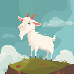 Happy cartoon goat farm animal standing on a hilltop pasture with blue sky and clouds background illustration for children book or education materials icon symbol sticker clip art mascot logo farm