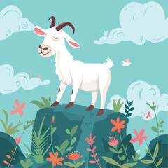 White Goat Standing On A Cliff Floral Landscape Cute Animal Wildlife Nature Illustration