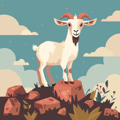 Happy goat standing on rock mountain landscape illustration farm animals livestock wildlife nature background