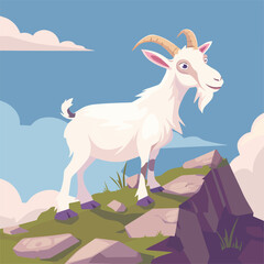 White Goat Standing on Mountain Peak Farm Animal Cartoon Nature Wildlife Illustration Background