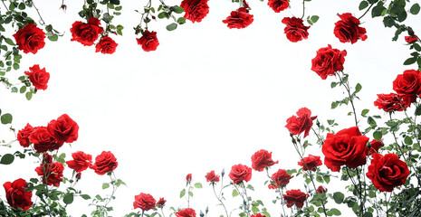 Red roses on left side with copy space on right, white background
