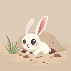 Cute White Rabbit Burrow Wildlife Illustration Cartoon Animal Hare Mammal Nature Forest Grass Woodland Underground Den Rodent Bunny Happy Easter Holiday Spring Summer Domestic Pet Adorable