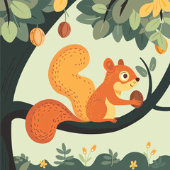 Cute squirrel on a tree branch holding a nut nature illustration woodland animal wildlife cartoon character kids design isolated background graphic digital art for printing forest them