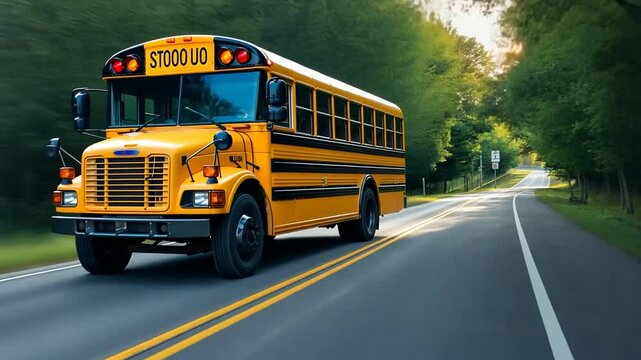 A school bus travels down a winding road surrounded by trees during golden hour in the early evening light