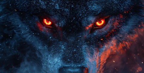 A menacing black wolf with glowing red eyes, perfect for Halloween-themed projects and spooky designs. Versatile applications for banners and posters with copy space.