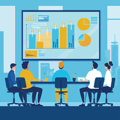 Business meeting office team analyzing data charts graphs teamwork workplace finance marketing analysis corporate meeting strategy brainstorming presentation infographic company discussion planning