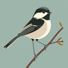 Chickadee Bird On Branch Wildlife Illustration Nature Ornithology Avian Fauna Wing Feather Perched Songbird Minimalist Design Element Isolated Drawing Background