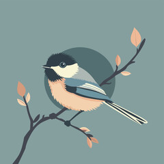 Cute Chickadee Bird Perched On Branch With Leaves Minimalist Illustration Nature Wildlife Animal Spring Background