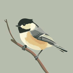 Chickadee Bird On Branch Wildlife Nature Ornithology Songbird Perched Animal Avian Feathered Winged Illustration Background Isolated Graphic Design Element Digital Art Modern Minimal © PNG
