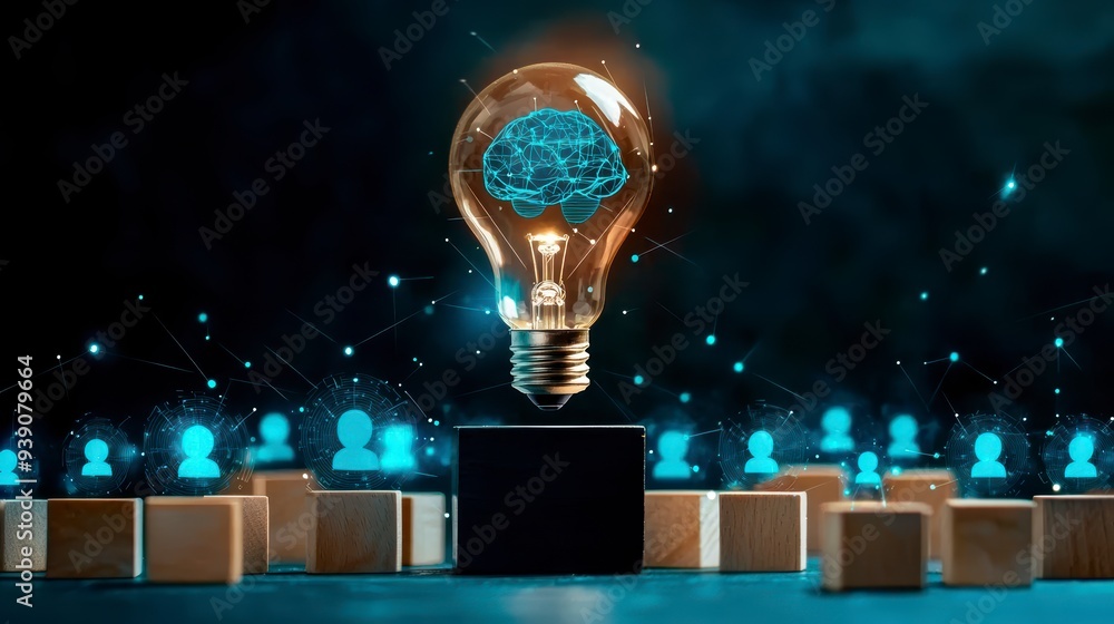 Poster the introduction of ai with the digital brain in a light bulb for ai against a person and innovation