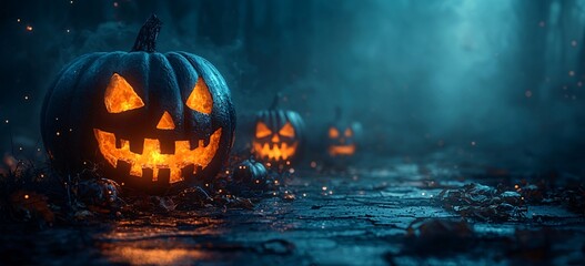 A spooky and atmospheric Halloween scene featuring glowing jack-o'-lanterns on a misty path, perfect for holiday decorations and themed events with copy space.