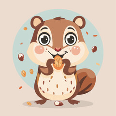 Cute Chipmunk Eating Nut Cartoon Character Wildlife Animal Forest Woodland Nature Illustration Background Clipart Digital Art Graphic Design Commercial Use