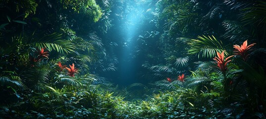 Fototapeta premium A mystical deep tropical jungle shrouded in darkness, perfect for Halloween-themed designs and creative projects with copy space.