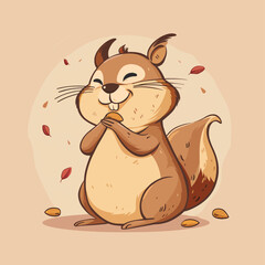Cute Happy Squirrel Holding Acorn Cartoon Illustration Autumn Wildlife Animal Nature Forest Woodland Rodent Tail Background