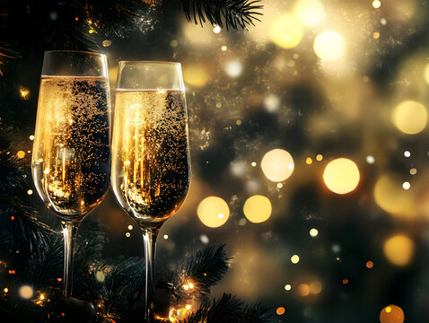 Zwei Champagnergl&auml;ser im goldenen Lichterglanz, bereit f&uuml;r einen feierlichen Toast. Die funkelnden Lichter und die glitzernde Umgebung schaffen eine festliche und luxuri&ouml;se Stimmung.