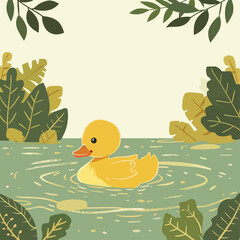 Cute Cartoon Duckling Swimming Pond Green Water Summer Illustration Background Animals Birds Nature Wildlife Background