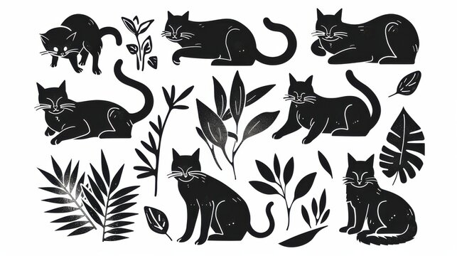 Cats linocut with botanical plant, black silhouette line style. Hand drawn sketch of stylized for print. Ai generative