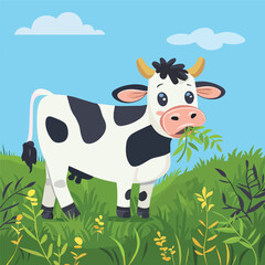 Cute Cartoon Cow Eating Grass In Meadow Farm Animal Livestock Cartoon Illustration Background