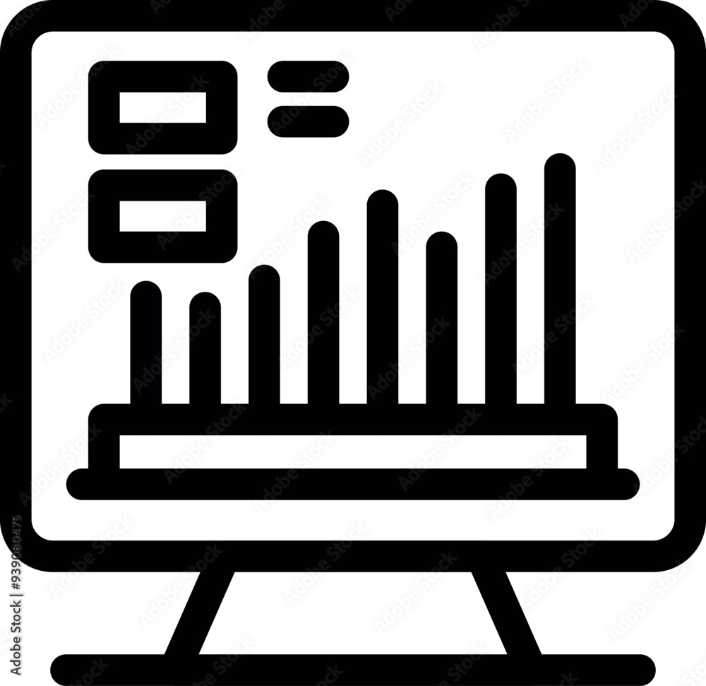 Poster desktop computer displaying a statistical graph with growing bars, representing data analysis and gr