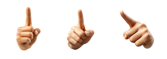 Three hands, each making a different pointing gesture, are lined up in a row on a transparent background.

